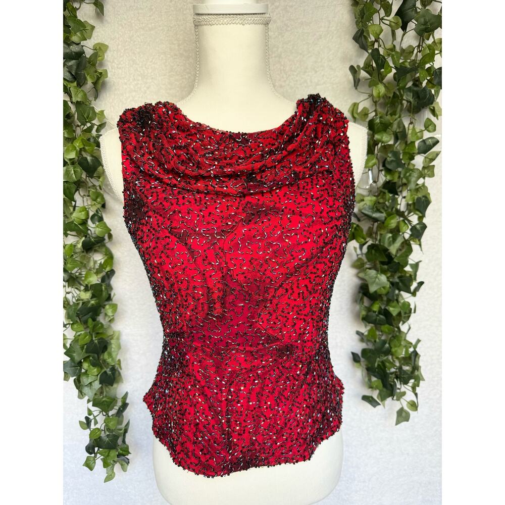 Andretta Donatello Vintage Red Fully Beaded Silk Cropped Swoop Back Blouse Top